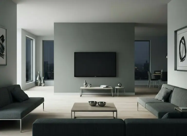 A minimalist contemporary living room featuring a media wall painted in a deep olive-grey (SW Night Owl), with sleek grey sofas, light wood flooring, and subtle metallic decorative accents.
