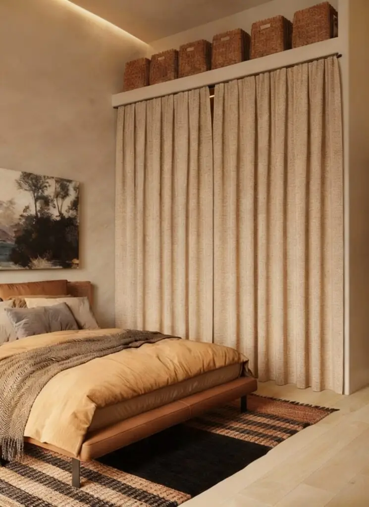 Drappeggi bouclé color avena che nascondono un armadio in una camera da letto accogliente.