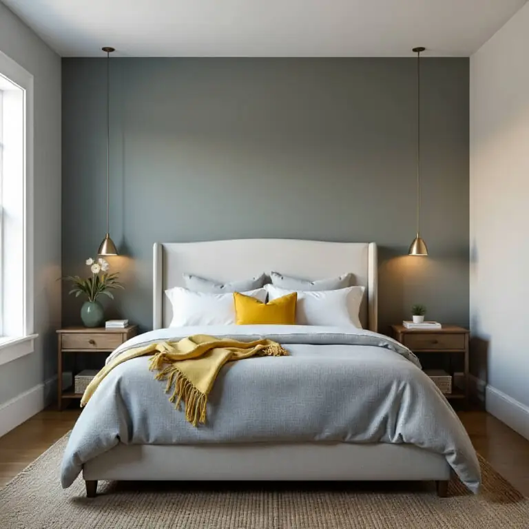 A serene bedroom with a single accent wall behind the bed painted in a deep, soothing gray-green, ideal for Sherwin Williams Night Owl. A light upholstered headboard is centered against it, flanked by wooden nightstands with pendant lights hanging above. A yellow throw blanket and accent pillow add a pop of color to the otherwise calm palette of gray bedding and white walls.