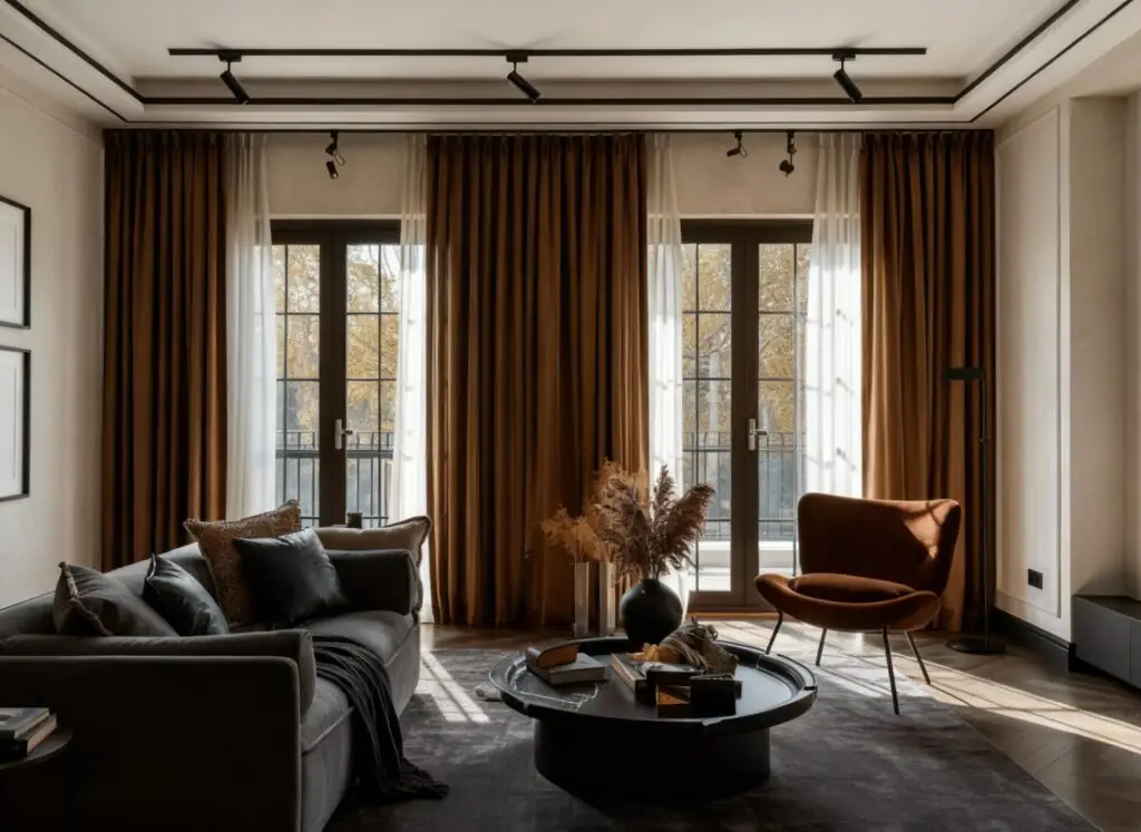 Tende oro sovrapposte con bastone nero e porte finestre con cornice nera.