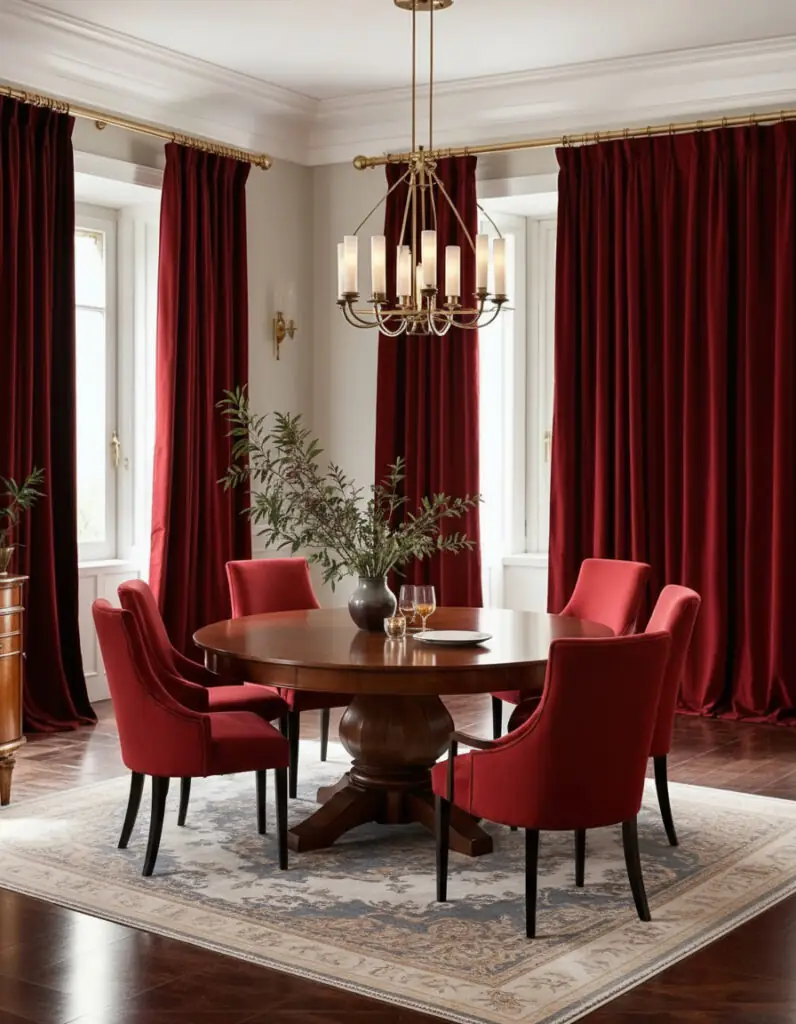 Tende in velluto bordeaux che si accumulano sul pavimento in un'elegante sala da pranzo.