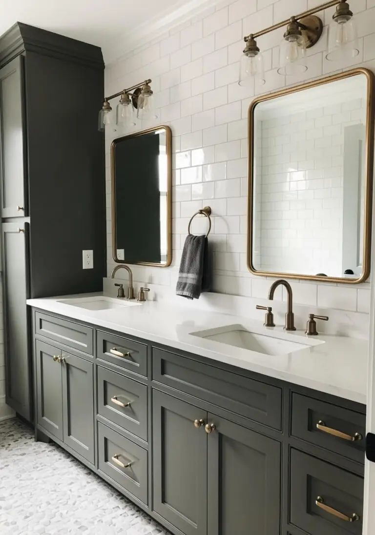 A modern bathroom featuring a long double vanity painted in a deep, moody gray-green, consistent with Sherwin Williams Night Owl. The vanity is topped with a clean white countertop and white undermount sinks. It contrasts elegantly with the bright white subway tile backsplash and warm brass mirrors, light fixtures, and sink hardware. A tall built-in cabinet in the same Night Owl shade stands to the left.