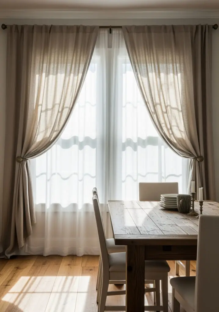 Tende velate sovrapposte e drappeggi in lino beige legno di mare con fermatende in ottone.