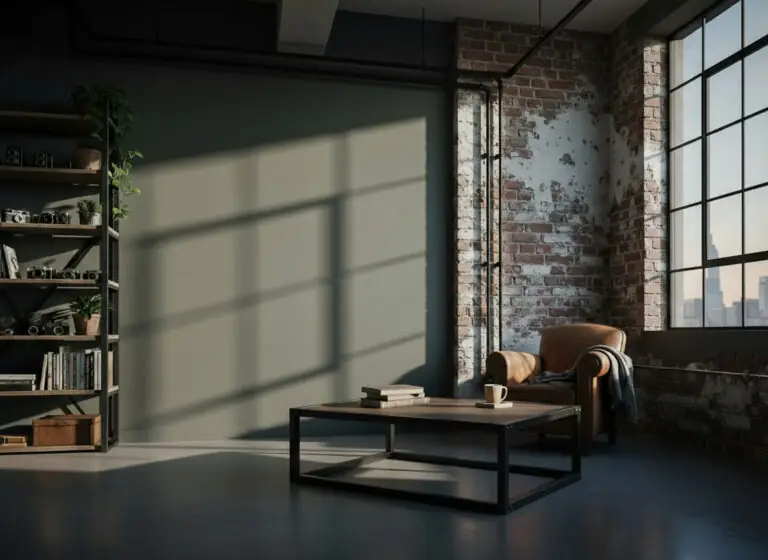 A spacious industrial loft room with a deep grey accent wall (SW Night Owl), exposed brick, large industrial windows, visible piping, concrete floor, leather armchair, and metal coffee table.