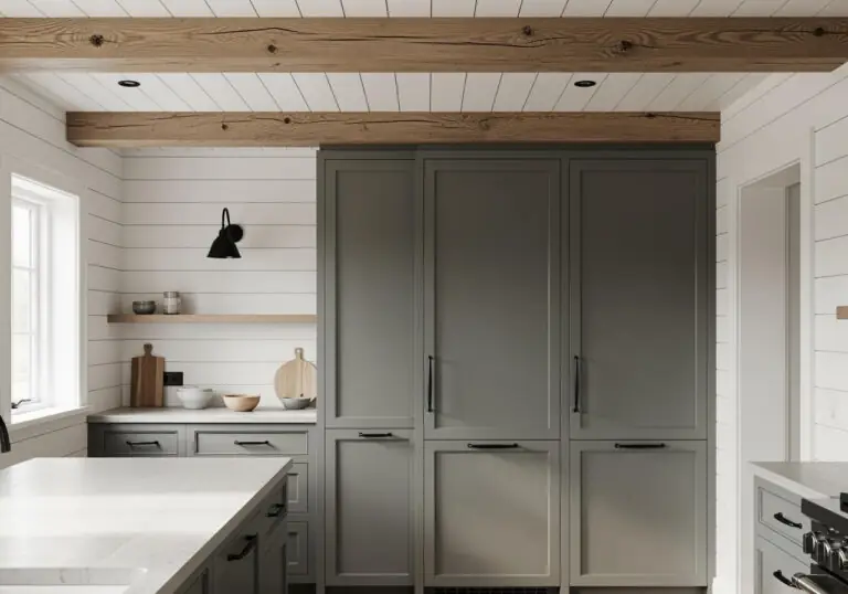 A clean Modern Farmhouse kitchen featuring full-height cabinets painted in a deep olive-grey (SW Night Owl), contrasted with white shiplap walls, light wood ceiling beams, and matte black hardware.