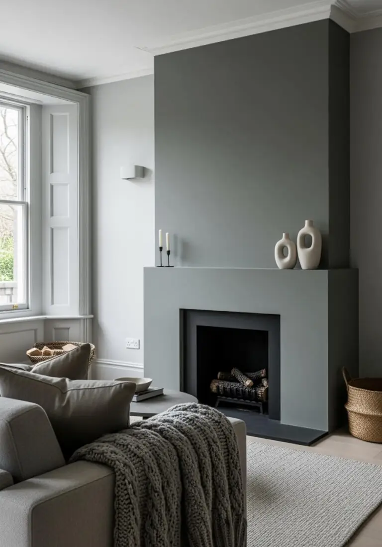 A contemporary living room featuring a striking fireplace accent wall painted in a dark, muted gray-green, reminiscent of Sherwin Williams Night Owl. The modern fireplace surround and mantel echo the wall color, contrasting with the lighter walls in the rest of the room. Two white ceramic vases and dark candlesticks adorn the mantel. A light-colored sofa and rug are visible in the foreground.