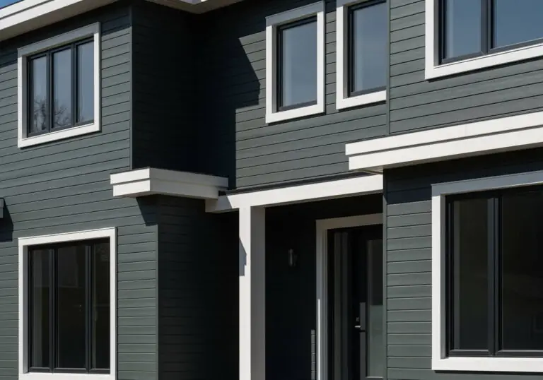 Close-up of a contemporary home exterior with horizontal siding painted in a deep, cool grey (SW Night Owl) and contrasted with crisp white window and roofline trim.