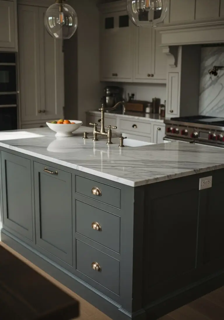 A close-up view of a sophisticated kitchen island painted in a deep, rich gray-green, closely resembling Sherwin Williams Night Owl. It features a luxurious white marble countertop with a built-in sink and elegant brass faucet. The cabinetry on the island has classic drawer pulls and knobs in a warm brass finish, creating a bold statement against the lighter surrounding kitchen. A bowl of oranges adds a touch of color.