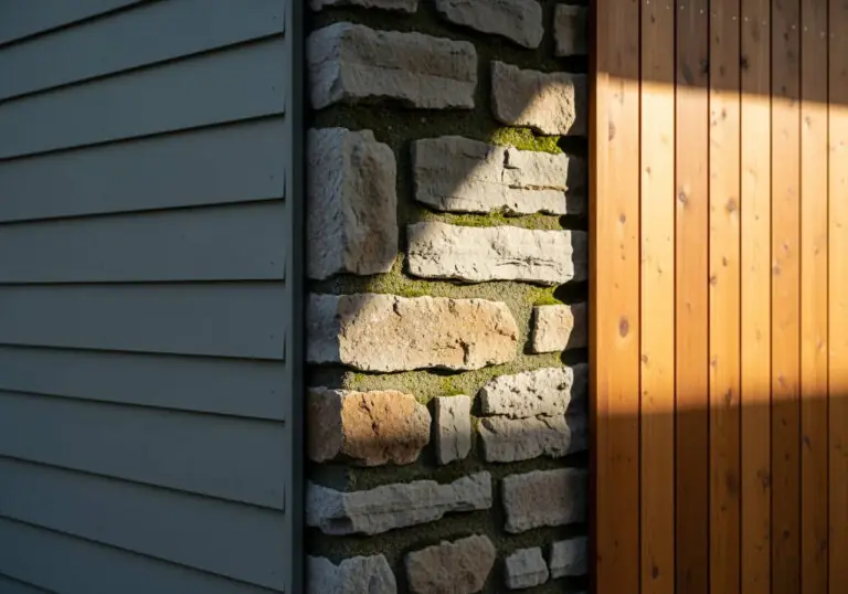 Exterior architectural detail showing vertical natural wood planks, light-colored rough-cut stone with mossy grout, and horizontal siding painted in the deep olive-grey (SW Night Owl).