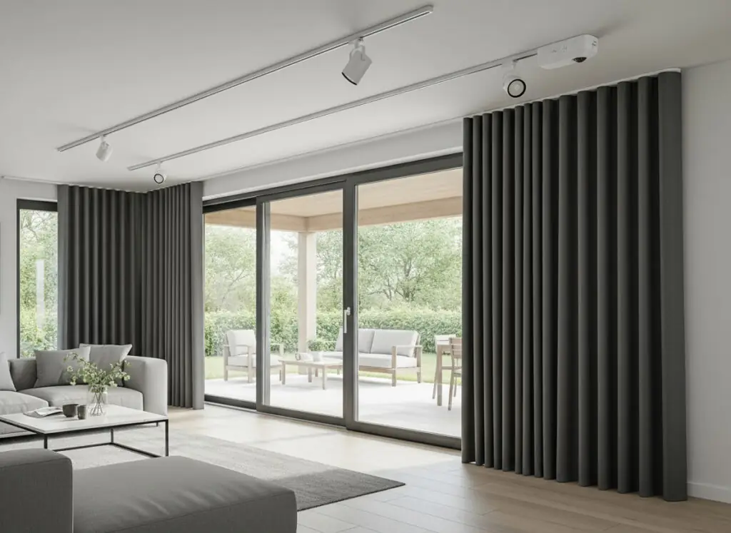 Drappeggi grigio antracite a pieghe ondulate motorizzate su un binario a soffitto.