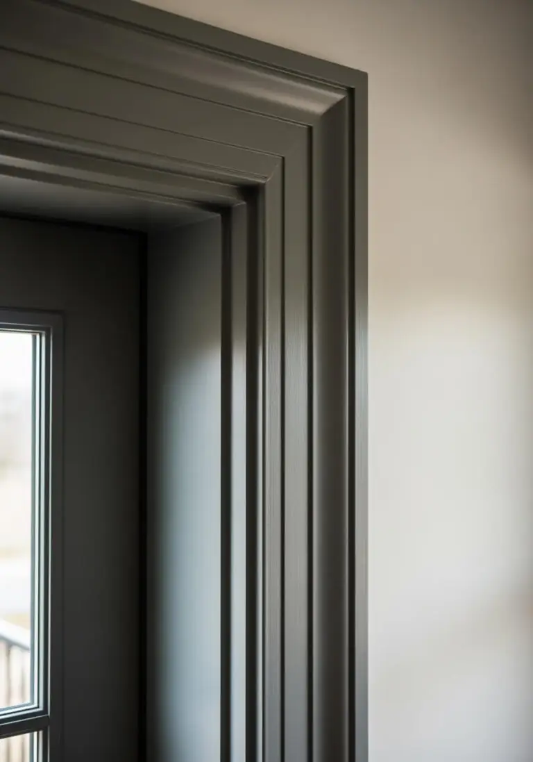Close-up of rich, multi-layered door trim painted in Sherwin-Williams' Night Owl (SW 7061), creating a sophisticated contrast against a light, off-white wall.