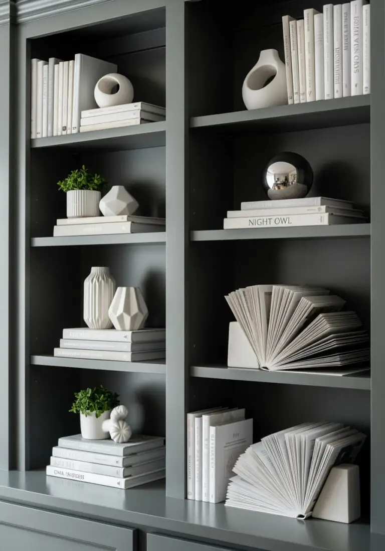 Interior view of a meticulously styled built-in bookshelf painted in the deep grey Sherwin-Williams Night Owl, featuring minimalist white books, ceramic vases, and small decorative plants.