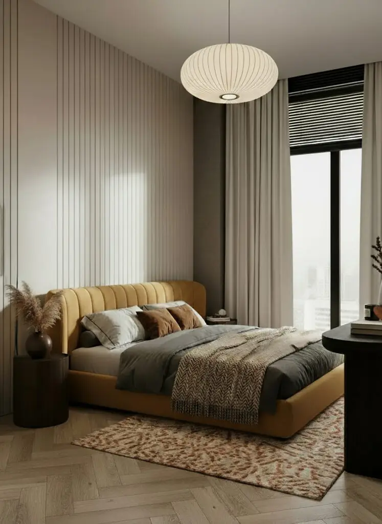 Tende neutre sovrapposte a tapparelle orizzontali nere in una camera da letto elegante.