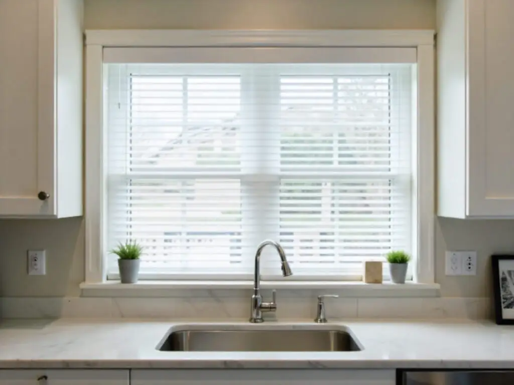 Kitchen sink with inside-mounted white horizontal blinds and marble countertop.