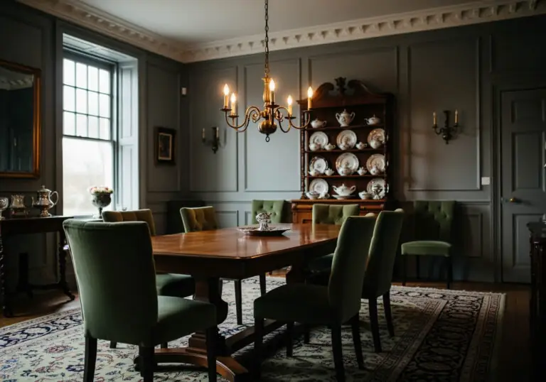 An elegant traditional dining room with paneled walls painted in a deep grey-green (SW Night Owl), featuring a classic chandelier, dark wood antique hutch, upholstered green chairs, and an ornate rug.