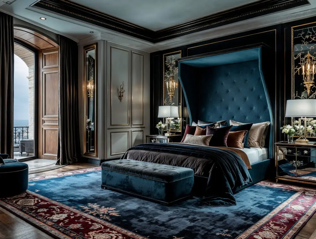 Chambre parentale opulente stylée comme un hôtel cinq étoiles avec lit majestueux, tête de lit en velours sarcelle, literie blanche et or, banc rembourré, tables de chevet miroir, lampes en laiton et tapis en velours à poils longs couleur joyau.
