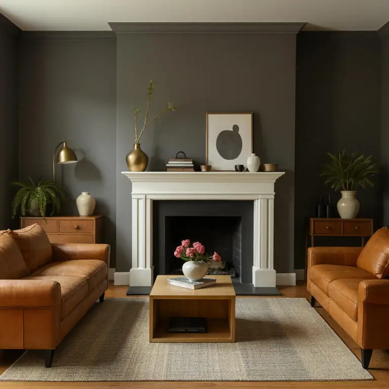 A modern home office with walls painted in Sherwin-Williams Night Owl (SW 7061), showcasing a light wood desk, dark office chairs, a large framed print, and a potted plant in a woven basket