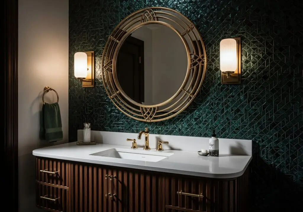Luxueuse vasque de salle de bain avec un comptoir blanc et un meuble en bois cannelé, un miroir rond décoratif à cadre doré flanqué de deux appliques murales en laiton, un robinet et des ferrures dorés, et une crédence en mosaïque texturée vert émeraude.