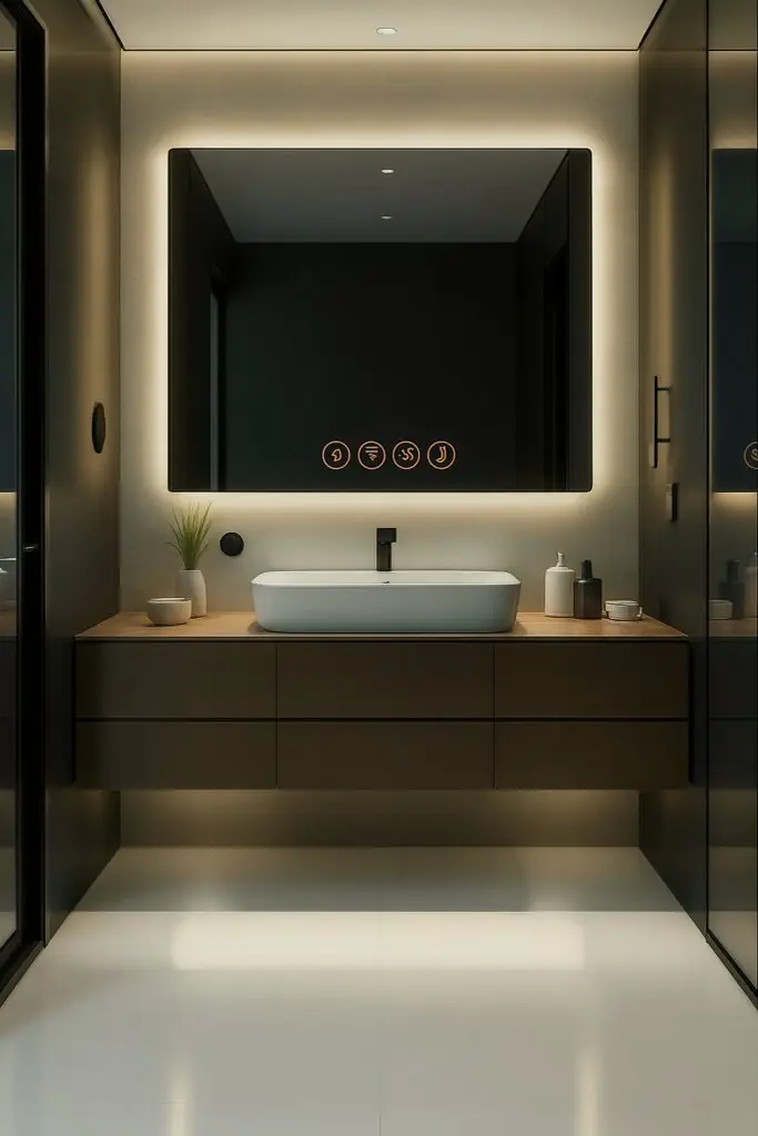 Salle de bains moderne avec un grand miroir intelligent rétroéclairé affichant des icônes tactiles, un lavabo rectangulaire sur un meuble-lavabo suspendu en bois, un robinet noir mat, un éclairage d'ambiance doux et des portes de douche en verre.
