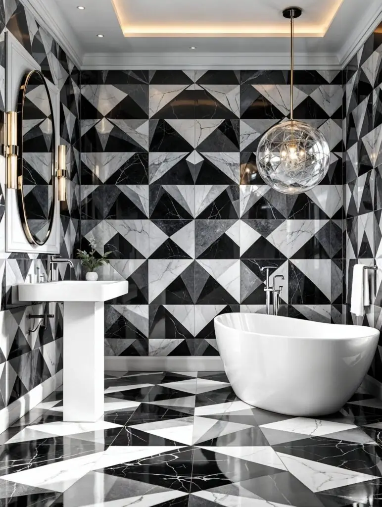 Salle de bains moderne avec une baignoire blanche sur pieds et un lavabo sur colonne, le tout sur un fond de carreaux de marbre géométriques noirs et blancs recouvrant les murs et le sol, agrémenté d'un miroir rond, d'appliques en laiton et d'une suspension en verre.