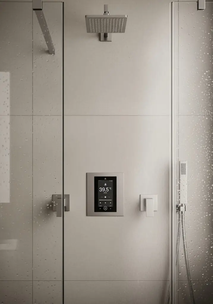Commande numérique de douche et carrelage gris chaud Intérieur de douche moderne et minimaliste avec pommeau de douche carré effet pluie, panneaux de verre avec gouttelettes d'eau, douchette à main sur la droite et un écran de commande numérique encastré affichant 39,5 °C.