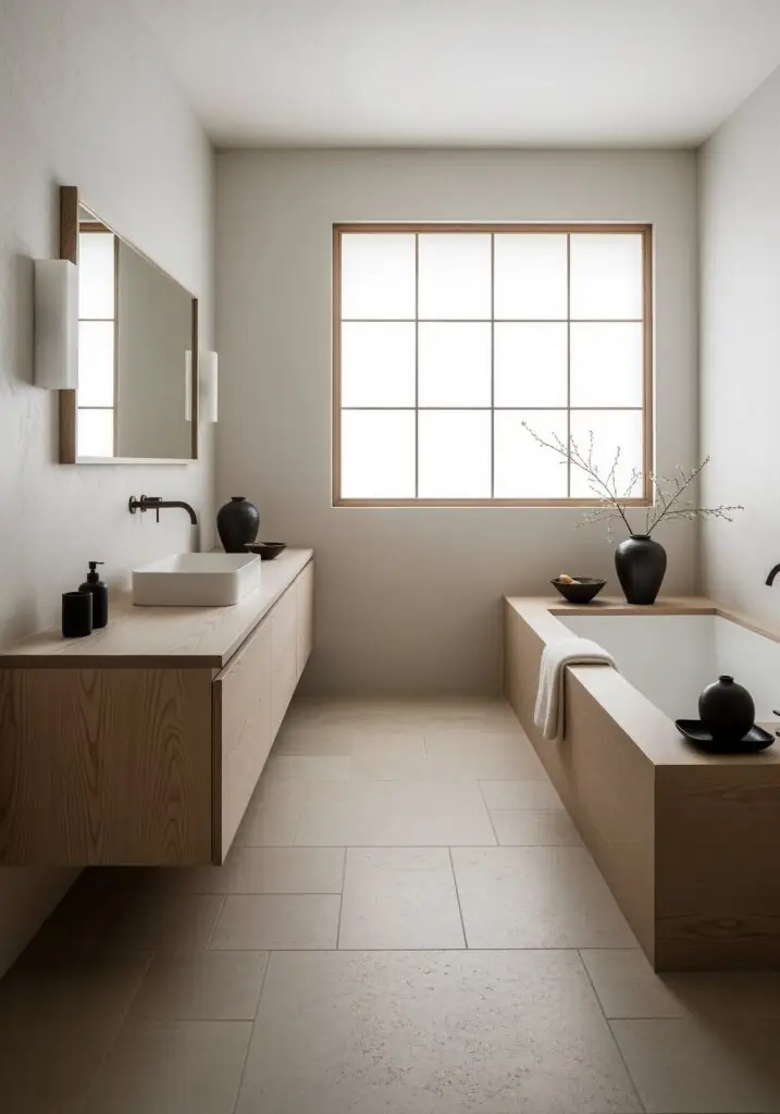 Salle de bains minimaliste et sereine avec baignoire encastrée en chêne et meuble-lavabo suspendu en chêne, vasque rectangulaire, robinetterie murale noire mate, fenêtre dépolie de style shoji, carrelage au sol en pierre neutre et vases en céramique noire ornés de branches délicates.