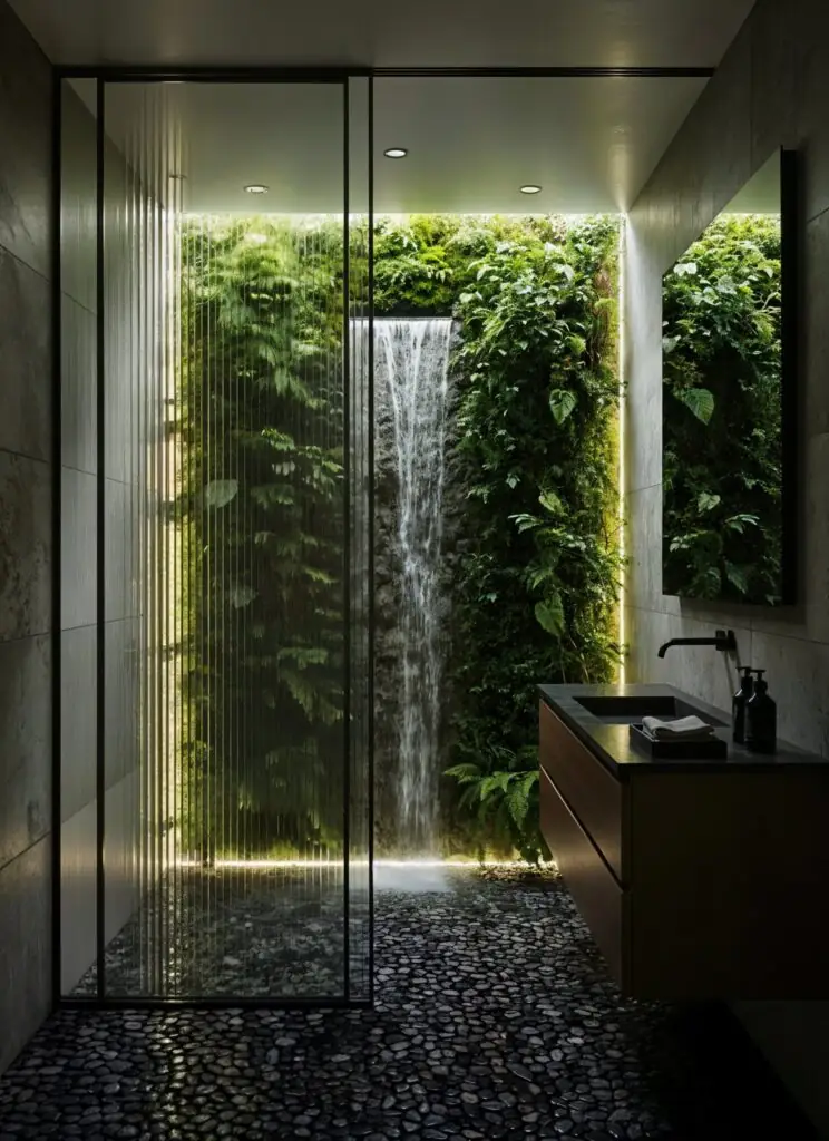 Salle de bain moderne avec douche, sol en galets et paroi de verre donnant sur un jardin vertical et une cascade, éclairage indirect doux et meuble-lavabo suspendu avec comptoir foncé et robinet noir mat.