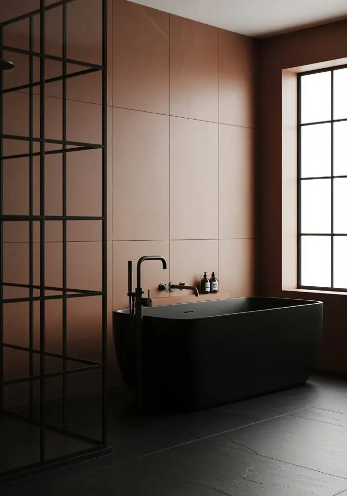 Salle de bains minimaliste avec une baignoire îlot noire mate contre de grands murs carrelés en terre cuite, un robinet sur pied et un bec mural noirs, une paroi de douche en verre à cadre noir de style industriel sur la gauche et une haute fenêtre à meneaux laissant entrer une douce lumière naturelle.
