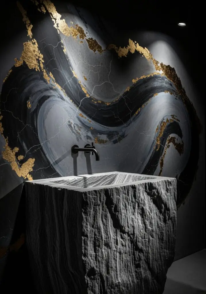 Salle de bains sombre et spectaculaire avec un lavabo monolithique en pierre brute sous un mur noir mat peint de vagues tourbillonnantes en marbre gris et de veines de feuilles d'or, éclairée par un projecteur ciblé et équipée d'un robinet mural noir mat.