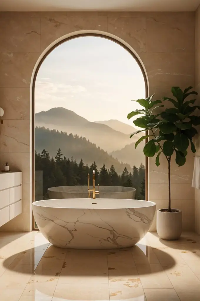 Luxueuse baignoire îlot en marbre dans une salle de bains baignée de soleil, carrelée de beige et encadrée par une grande fenêtre cintrée donnant sur des montagnes boisées et brumeuses au lever du soleil, avec un figuier lyre en pot et un robinet doré.