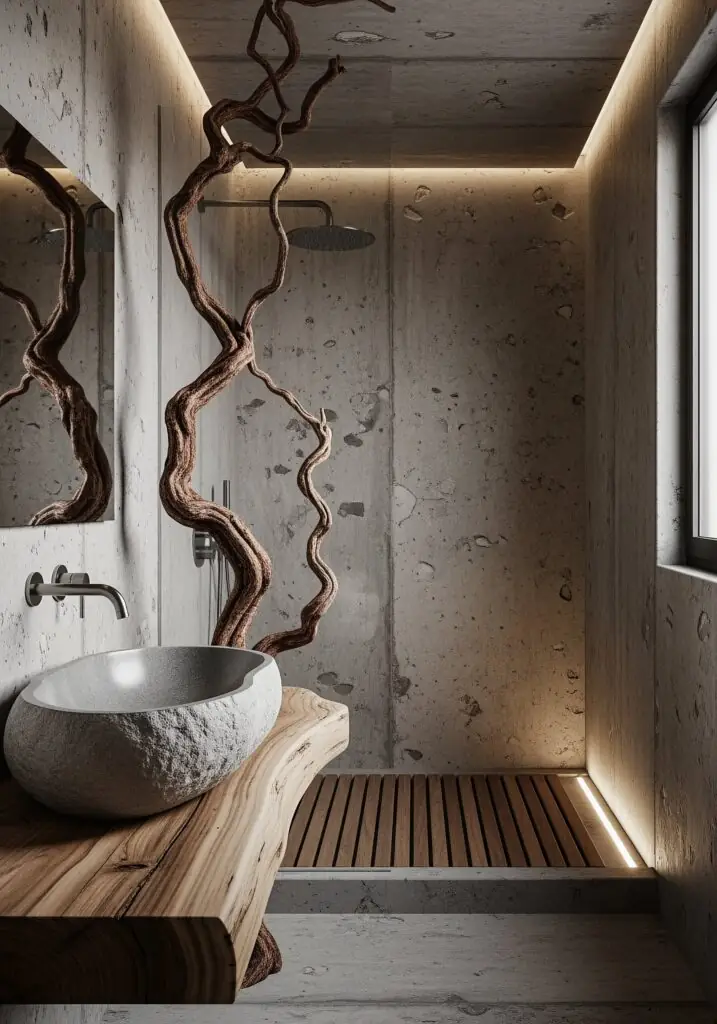 Salle de bain rustique minimaliste avec murs en béton brut, vasque en pierre sculptée sur un meuble-lavabo en bois brut, élément décoratif en branche de bois flotté torsadée, éclairage indirect LED chaud encastré et sol de douche en teck à lattes.