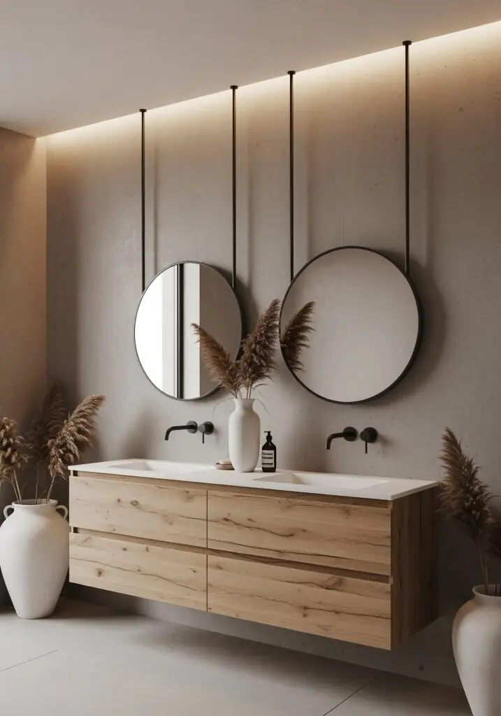 Salle de bains contemporaine avec un meuble-lavabo double suspendu en chêne avec vasques intégrées, deux miroirs ronds suspendus à de fines tiges noires, robinets muraux noirs mats, éclairage indirect chaleureux et grands vases en céramique remplis d'herbes de la pampa.