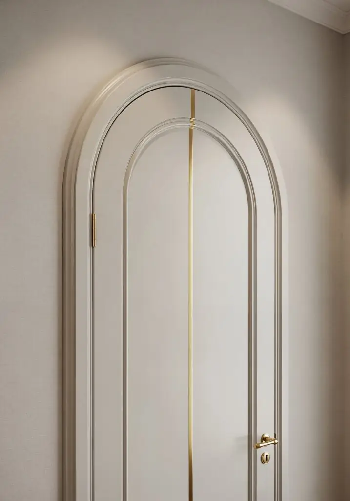 Porte cintrée couleur crème avec une délicate incrustation verticale en laiton poli et une petite poignée assortie en laiton, adossée à un mur à la texture douce.