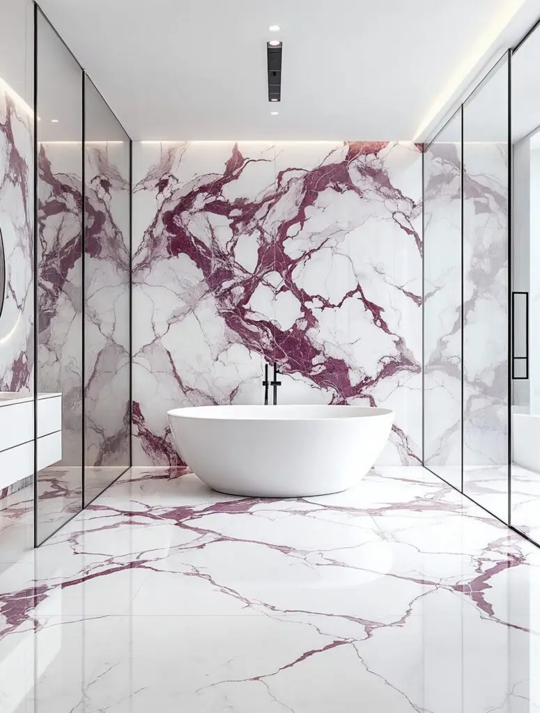 Carrelage en porcelaine effet marbre Calacatta Viola, sans joint apparent, recouvrent le sol et les murs d'une luxueuse salle de bains principale.