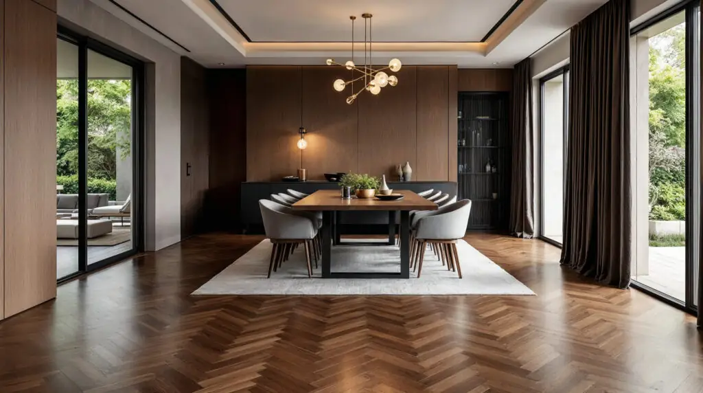 Parquet en bois noyer foncé, posé en chevrons précis avec une finition satinée, dans une salle à manger formelle.