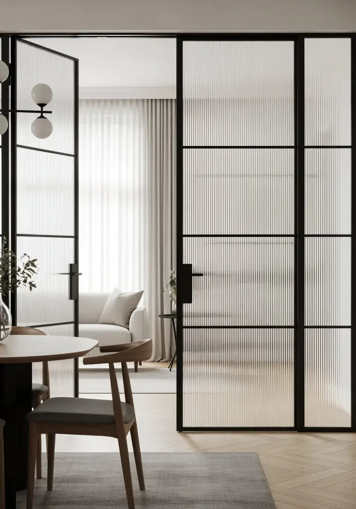 Double porte avec de fins cadres en métal noir et du verre cannelé vertical, filtrant une douce lumière entre le salon et la salle à manger.