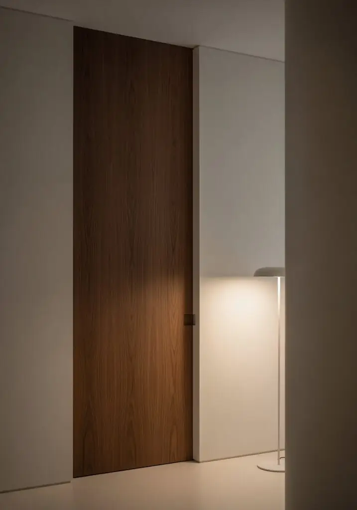 Porte en placage de noyer foncé allant du sol au plafond, affleurant un mur blanc texturé, subtilement éclairée par un lampadaire blanc sculptural.