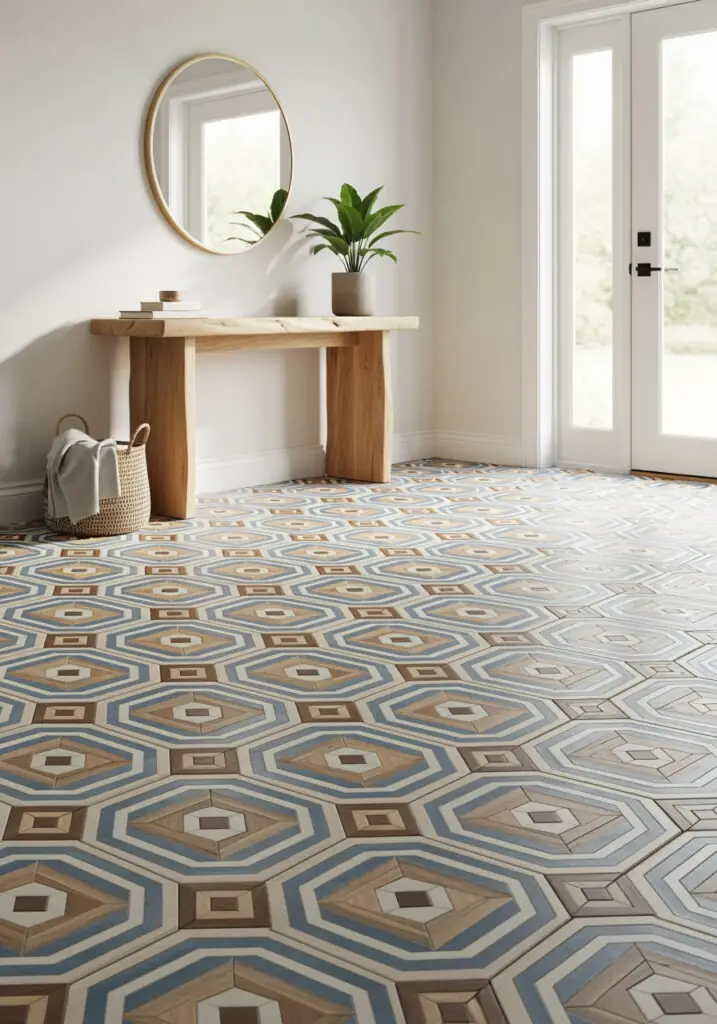 Un carrelage en mosaïque de porcelaine géométrique aux motifs audacieux et multicolores orne le sol d'une entrée, agrémentée d'une simple console en bois.