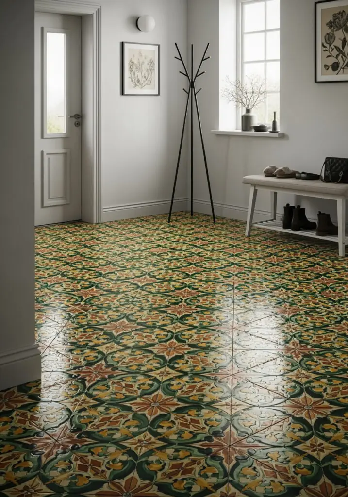 Des carreaux de porcelaine brillants à l'aspect peint à la main, dans des tons de vert foncé, de jaune et de terre cuite, ornent une entrée minimaliste avec un banc en bois.