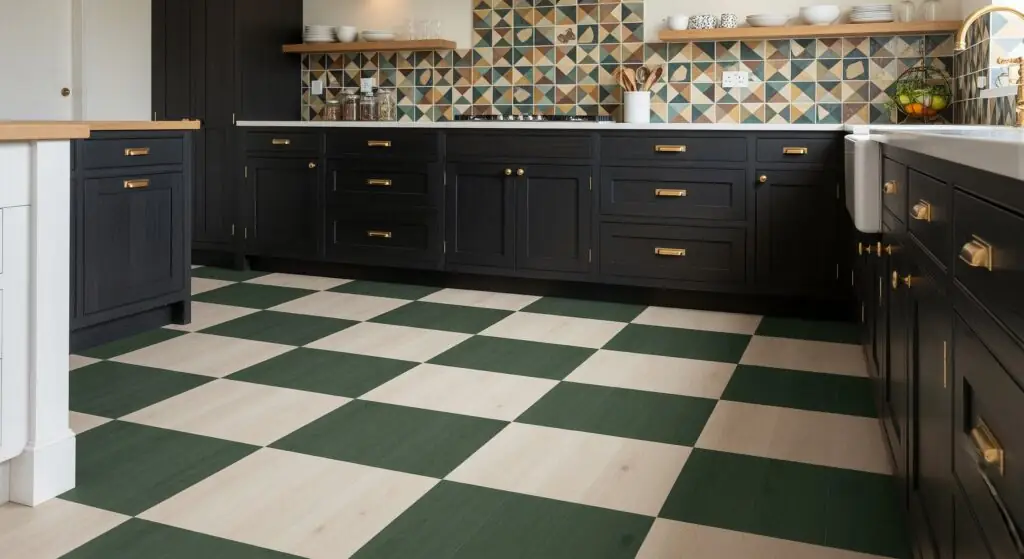 Un sol en vinyle Ă damier vert forĂȘt et crĂšme audacieux dans une cuisine Ă©clectique avec des armoires en bois foncĂ© et des poignĂ©es en laiton.