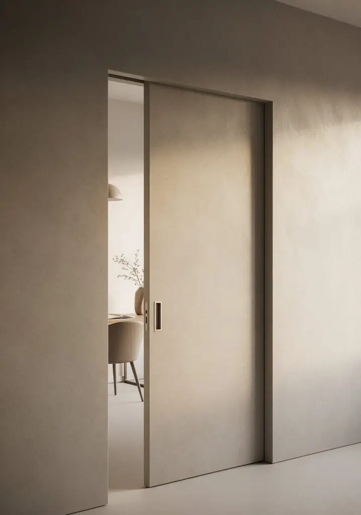 Porte coulissante à galandage texturé gris-beige blanchi à la chaux, partiellement ouverte, avec une fine poignée verticale en laiton brossé encastrée dans le bord.