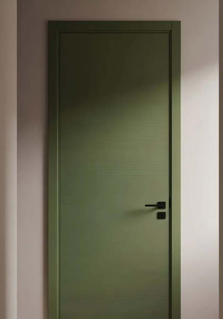 Porte affleurante vert sauge mat avec de fines rainures horizontales continues et une élégante poignée à levier en métal noir.
