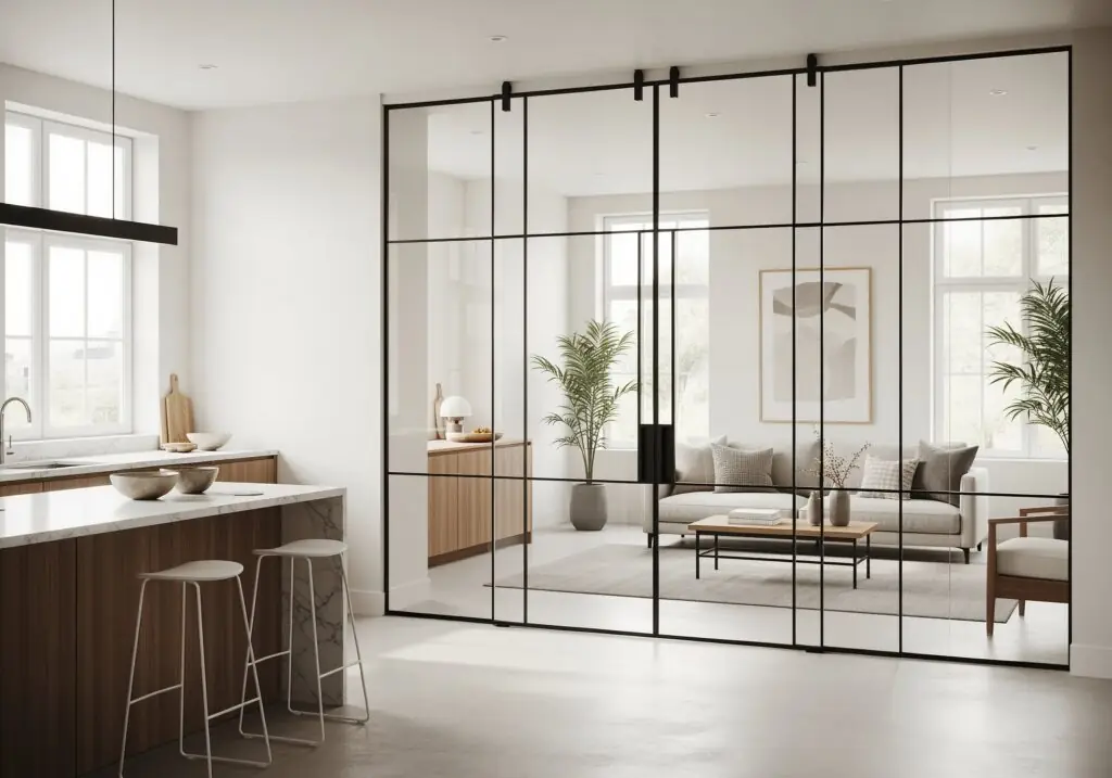 Système de porte coulissante à plusieurs panneaux en verre avec cadres en grille métallique noire ultra-minces, séparant une cuisine moderne d'un salon.