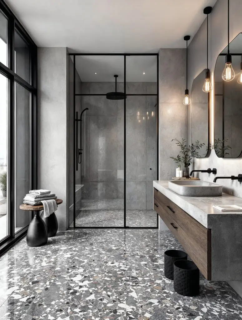 Carrelage en porcelaine grand format aspect terrazzo mat dans une salle de bains au style industriel chic, avec meuble-lavabo en béton et robinetterie noire.