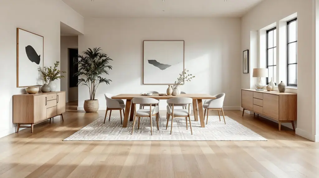 Un parquet en chĂȘne clair Ă larges lames, associĂ© Ă un tapis Ă motifs gĂ©omĂ©triques, dans un espace salle Ă manger de style transitionnel.