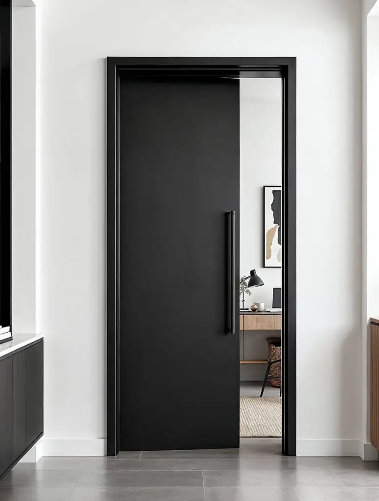 Porte acoustique noire mate extra-épaisse avec poignée verticale assortie sur toute la hauteur, encastrée dans un mur blanc éclatant contrastant.