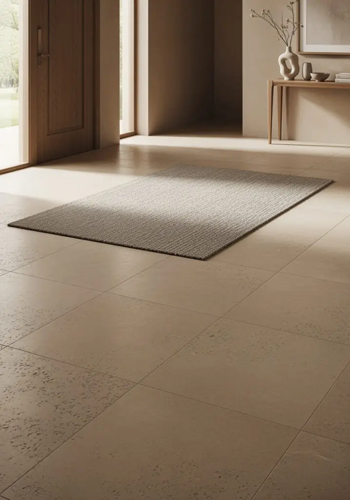 Grand entryway with large-format matte travertine-look porcelain tiles, anchored by a neutral-colored area rug.
