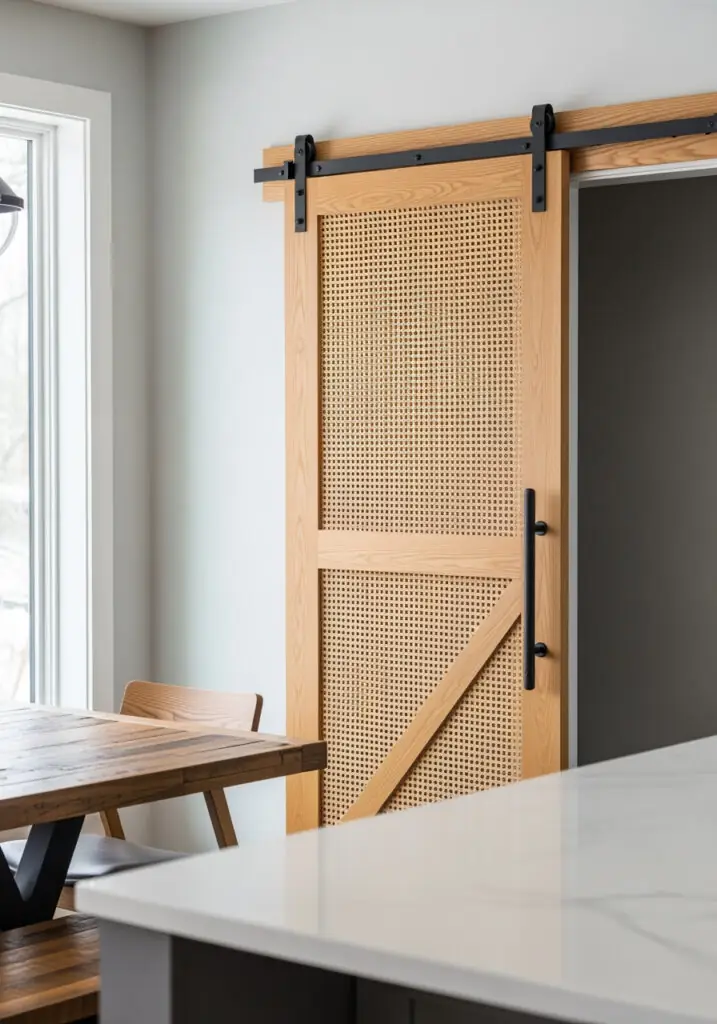 White oak sliding barn door with a woven cane panel and black track hardware, used for a pantry or closet opening.