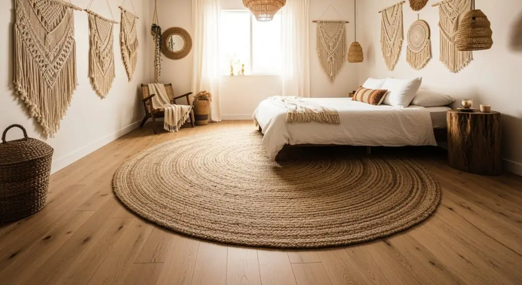 Dans une chambre cosy de style bohĂšme, le parquet en chĂȘne clair est mis en valeur par un grand tapis rond en jute.