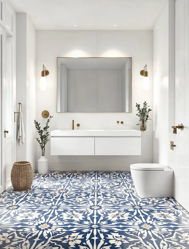Sol en carrelage de porcelaine à motif géométrique complexe, bleu saphir, crÚme et or, imitant la céramique, dans une salle de bains blanche moderne.